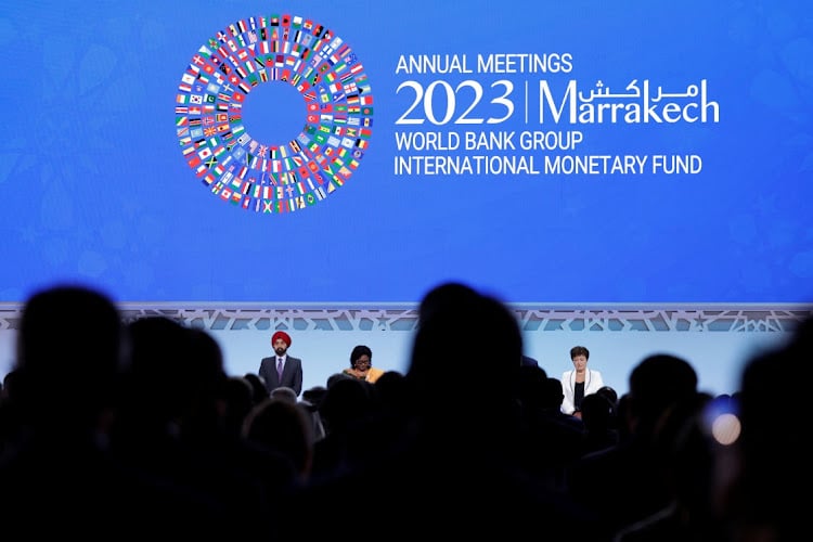 World Bank president Ajay Banga, World Bank secretary Mercy Tembon, and IMF MD Kristalina Georgieva in Marrakesh, Morocco, October 13 2023