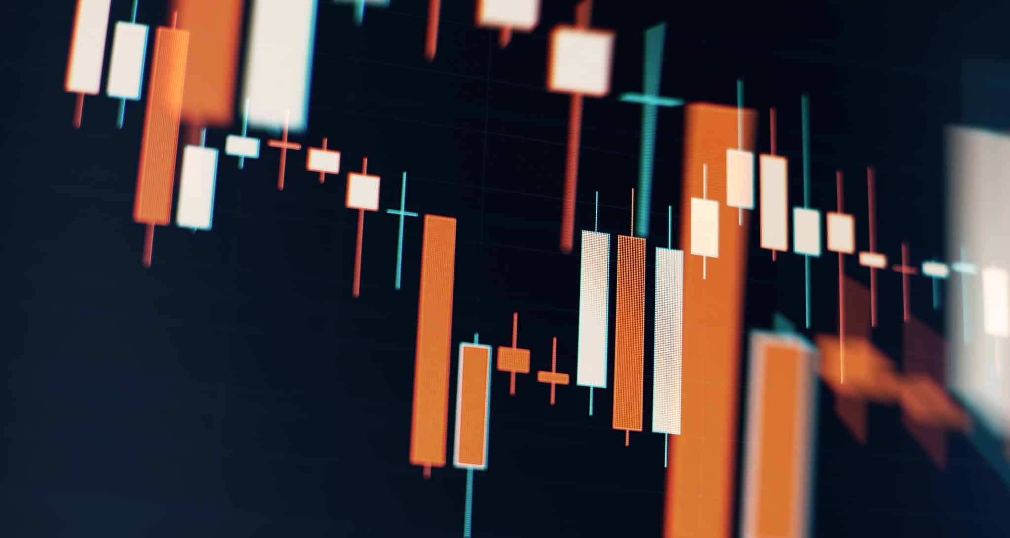 Financial statistic analysis on dark background with growing financial charts. Stock analyzing. Price chart bars