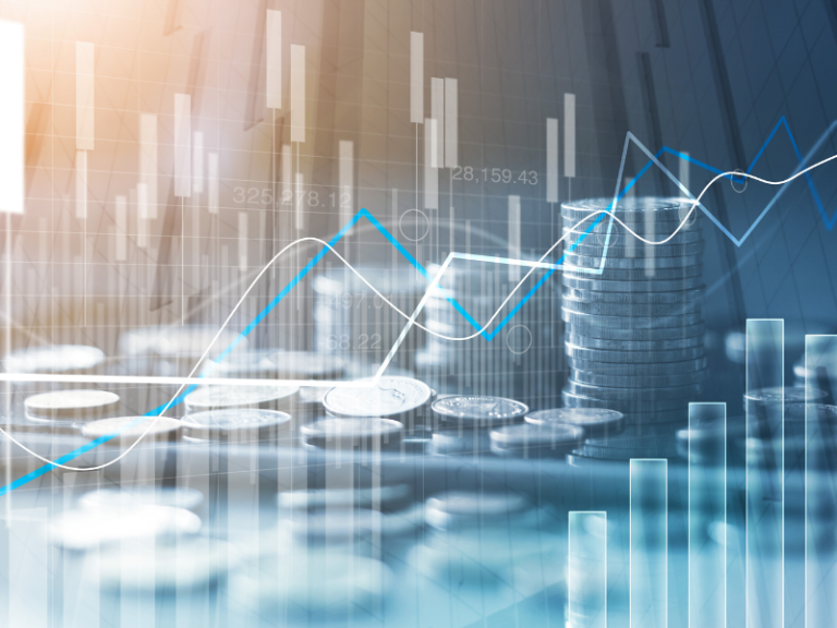 Financial stock market graph and rows of coins growth, abstract and symbol for finance concept, business investment and currency exchange, on blue background